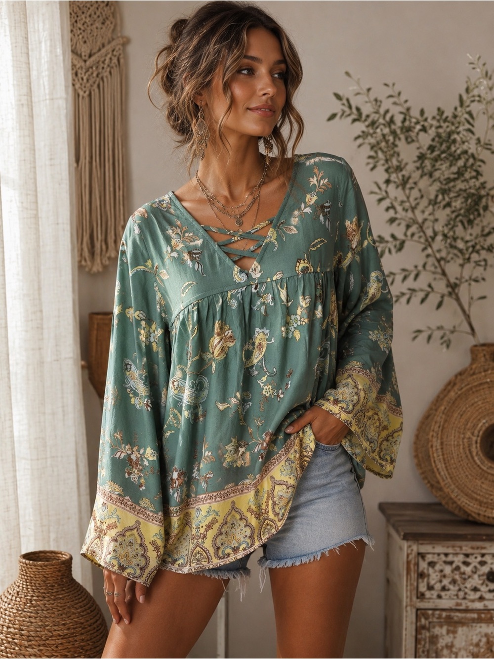 Cato Women’s Medium Boho Paisley Tunic Blouse Green Criss Cross Neck